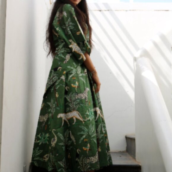 BRAND NEW Cotton Kaftan For Women Tiger Hand Block Printed Maxi Dress Gift For - Picture 2 of 4